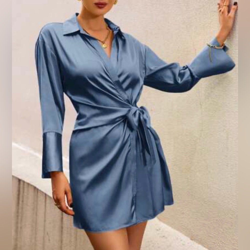 Satin Wrap Shirt Dress in Slate Blue